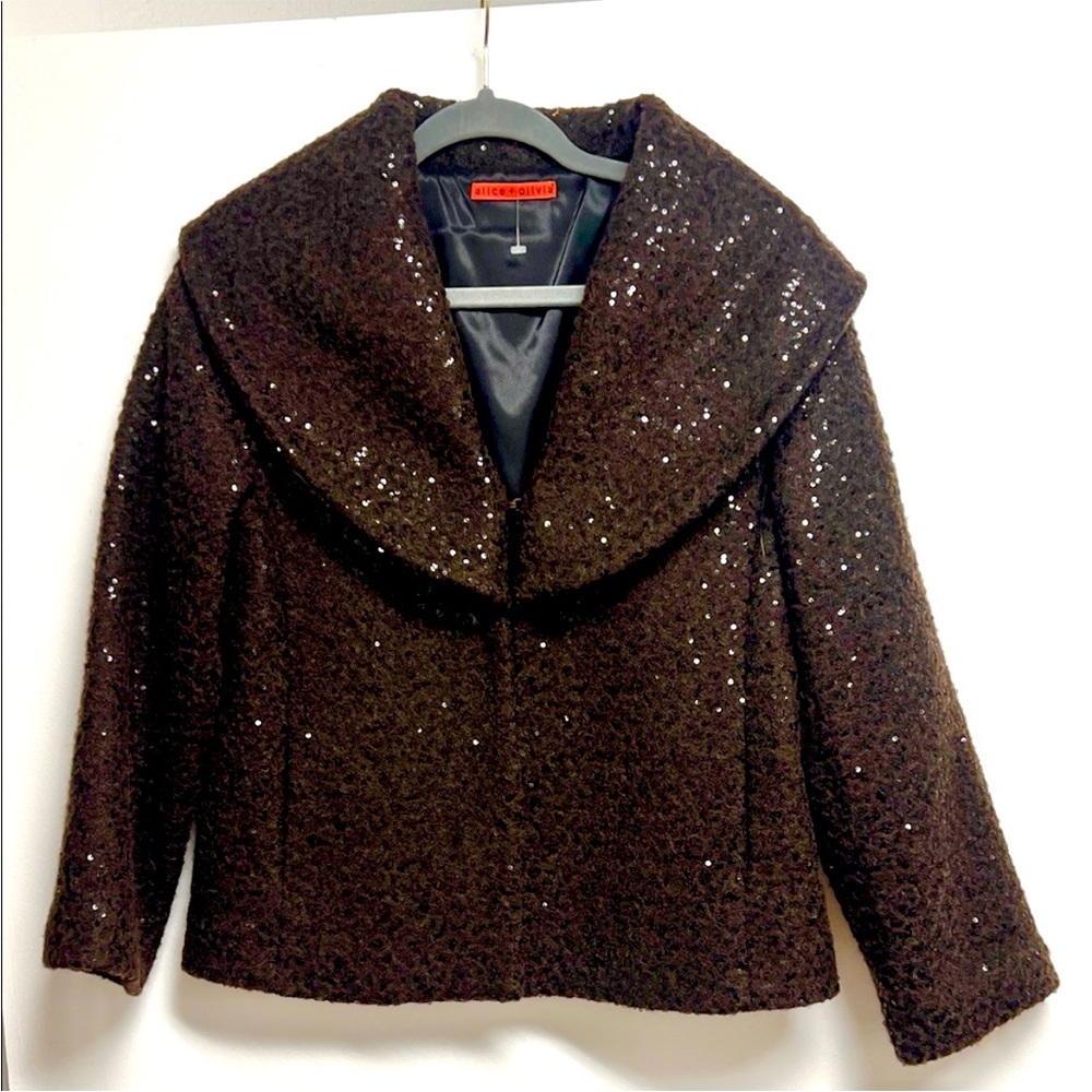 Alice + Olivia Chocolate Brown Portrait Collar Sequin Wool Jacket Small